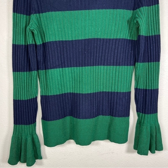 SMALL CABLE AND GAUGE GREEN BLUE STRIPED COLORBLOCK KNIT SWEATER BELL SLEEVE - Picture 7 of 9